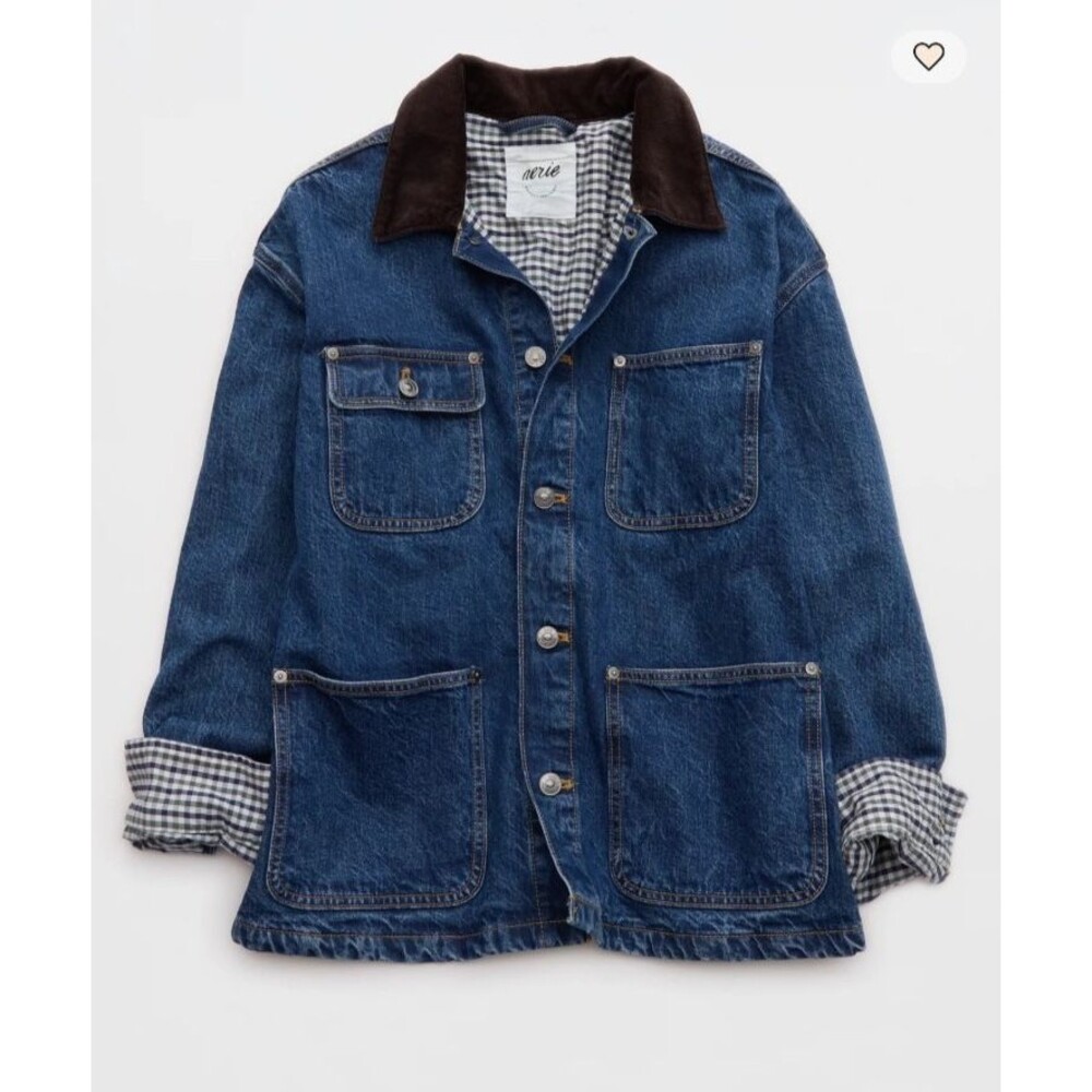 NWT Aerie Woman Barn Jean Jacket Brown and Gingham Size Medium